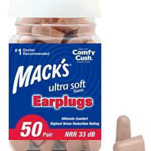 Mack's Ultra Soft Foam Earplugs, 50 Pair - 33dB Highest NRR, Comfortable Ear Plugs for Sleeping, Snoring, Travel, Concerts, Studying, Loud Noise, Work