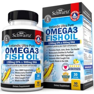 Triple Strength Omega 3 Fish Oil Supplement - 2250mg EPA DHA Omega 3 Fatty Acids from Wild Caught Fish, Supports Joint, Eyes, Brain Health - Burpless Lemon Flavor, Gluten Free, 90 Omega3 Softgels