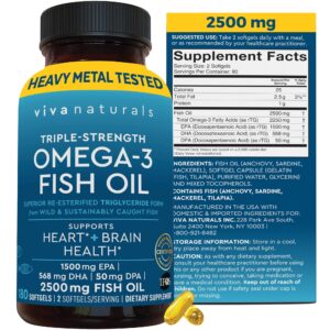 Triple Strength Omega 3 Fish Oil Supplement - 2500 mg Fish Oil Pills with Re-Esterified Omega 3 Fatty Acids Including EPA, DHA DPA - 180 Pescatarian-Friendly Softgels
